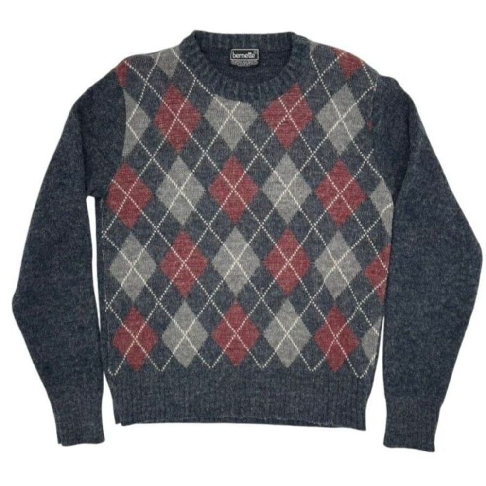 BERNETTE GREY AND BURGUNDY ARGYLE CREWNECK SWEATER (Womens: XL)